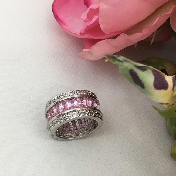 Baguette Paved Ring Pink Silver Size 6 - Picture 10 of 14